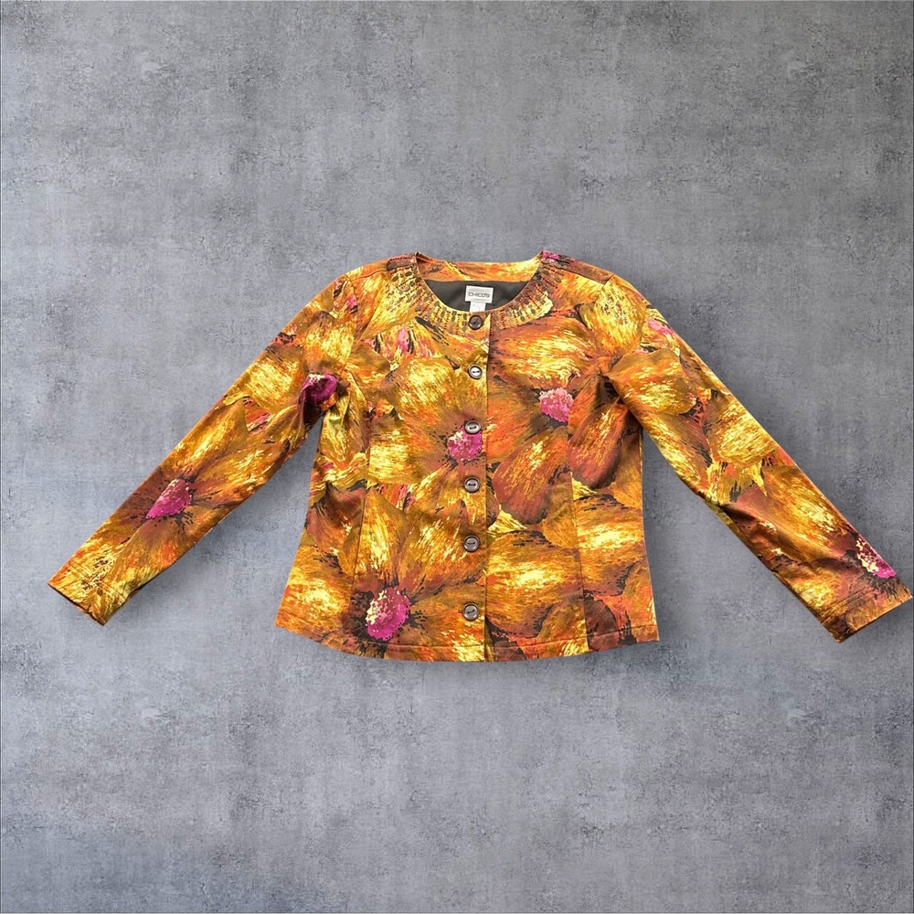 Chico's Floral Beaded Jacket Womens 1 Orange Gold Cotton Stretch Button Front